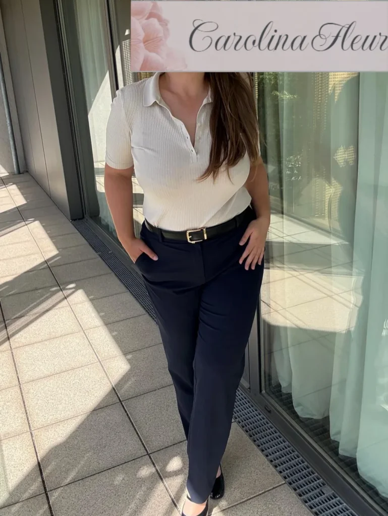 Carolina Fleur in weissem Strickpolo und dunkelblauer Hose auf einer sonnigen Terrasse