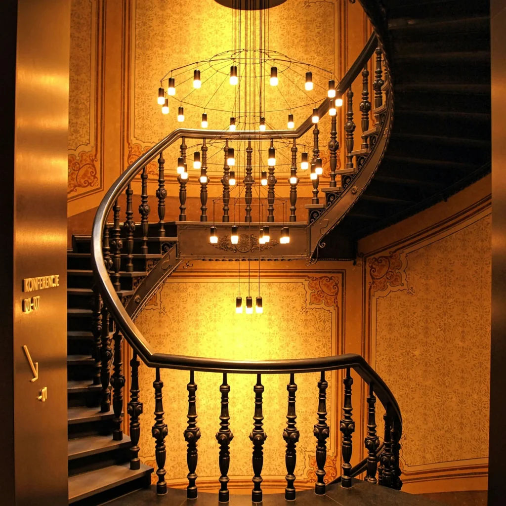 Geschwungene Holztreppe mit Kronleuchter in einem Grandhotel Erfahre mehr über mein Escort Honorar
